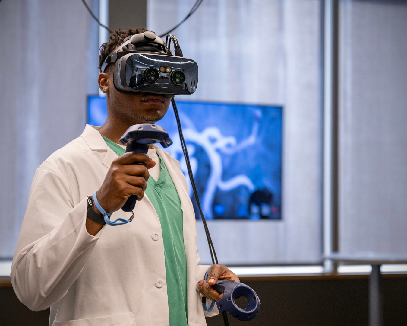 Medical student using VR headset for anatomy visualization .