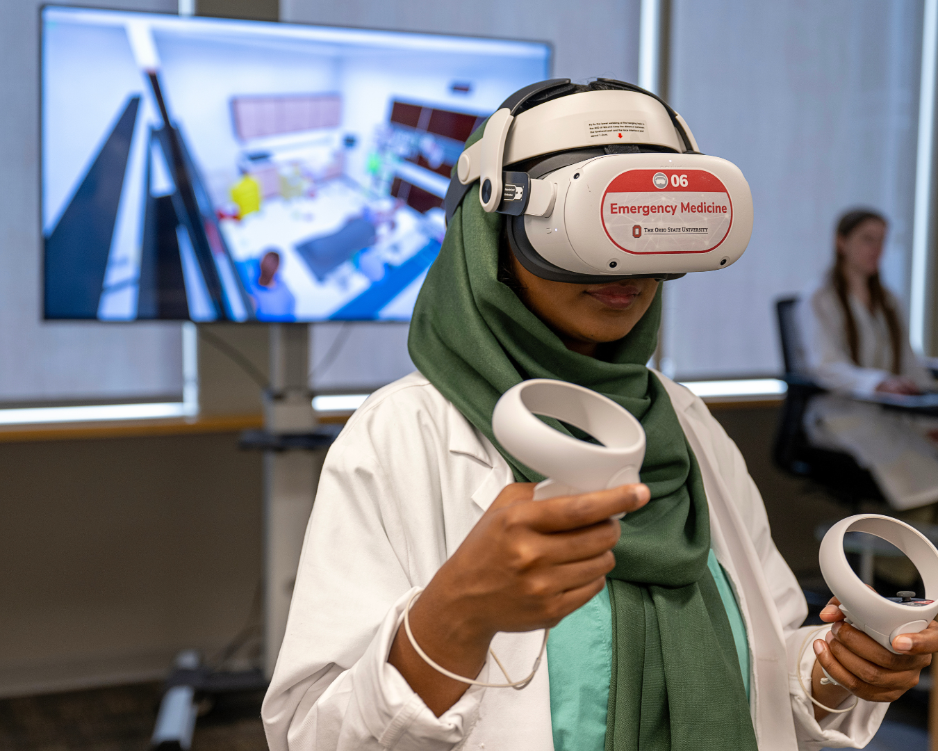 Medical student participating in an emergency room VR simulation.