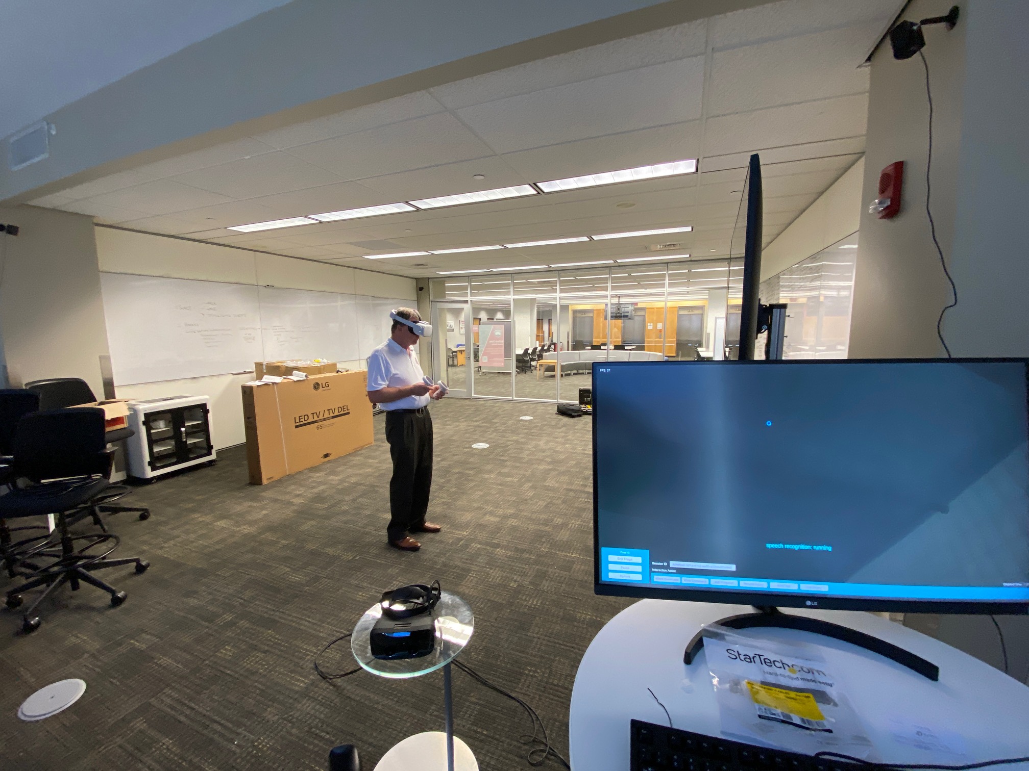 Dr. Doug Danforth from The Ohio State University College of Medicine tests a virtual reality headset in the EdTech Incubator's Virtual Reality Tech Zone.