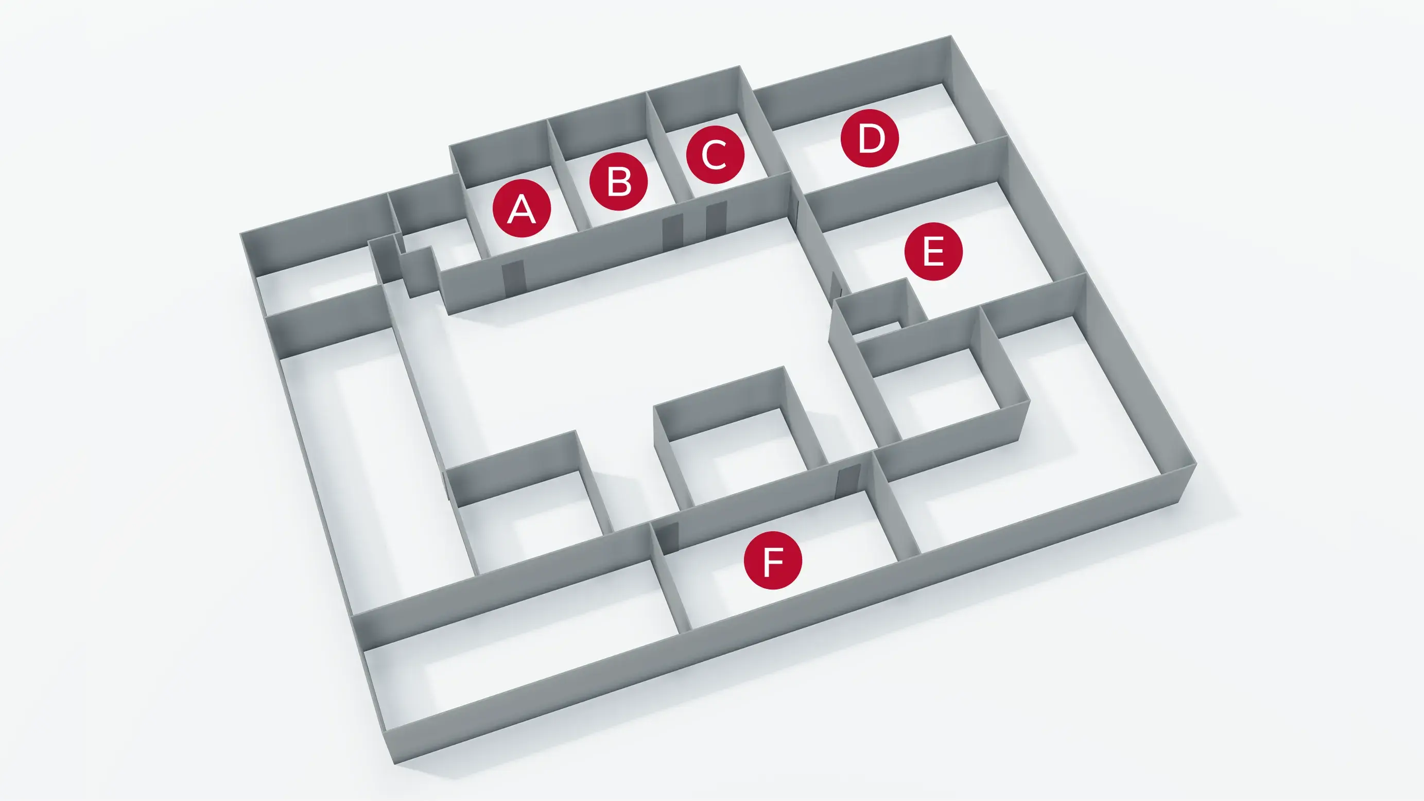 ETI building floor plan showing rooms, corridors, entry points, and labeled sections A,B,C,D,E,F
