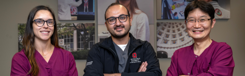 Moataz Abouammo, MD, MSc, associate researcher and coordinator at ALT-VISION, pictured with Je Beom Hong, MD, Ohio State Department of Neurosurgery research fellow, and Rebecca Leme Gallardo, MD, Ohio State Department of Otolaryngology research fellow.
